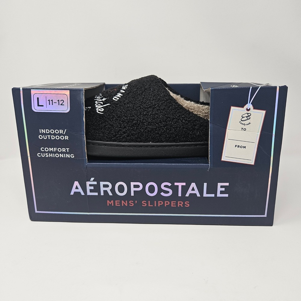 Aeropostale Mens Slippers Black Sherpa Lined Indoor/Outdoor SlipOn Shoes L 11-12